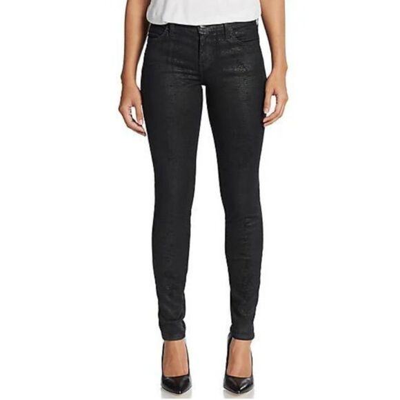 Current/Elliot The Ankle Skinny Trucker Coated Textured Black Jeans Size 28 - Picture 3 of 10